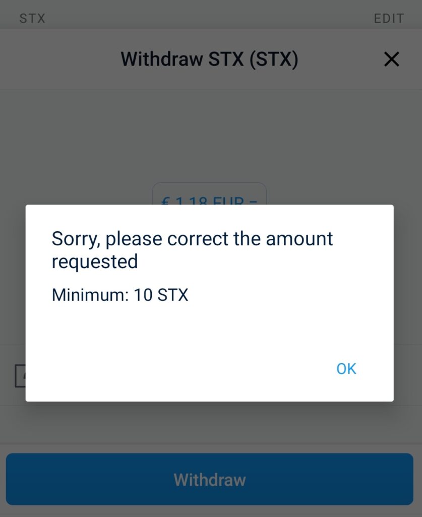 La cantidad minima de STX para enviar a una wallet es 10 STX